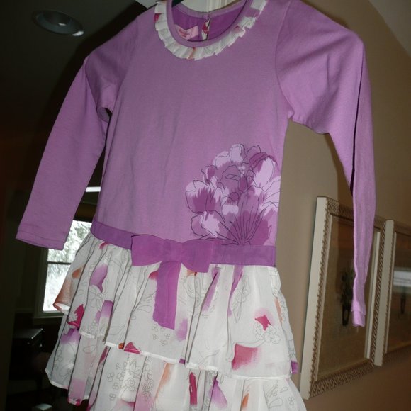 Beetlejuice London Little Girl SZ 6 Purple Dress Watercolor Like Flower Ruffles - Picture 1 of 11